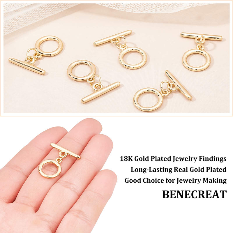 [Australia] - BENECREAT 10 Sets 18K Gold Plated Brass Toggle Clasps Flat Round Toggle Clasps Connectors(Ring: 13x1.5mm) for Necklace Bracelet Jewelry Making 
