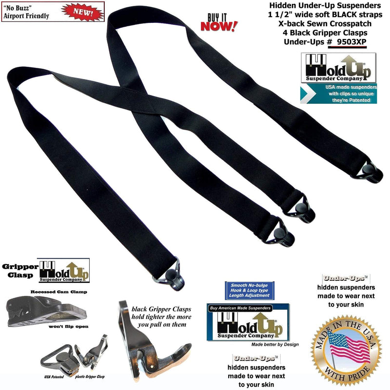 [Australia] - Holdup Suspender Company USA made All Black Hidden Undergarment No-Alarm Suspenders with Patented Black Gripper Clasps 