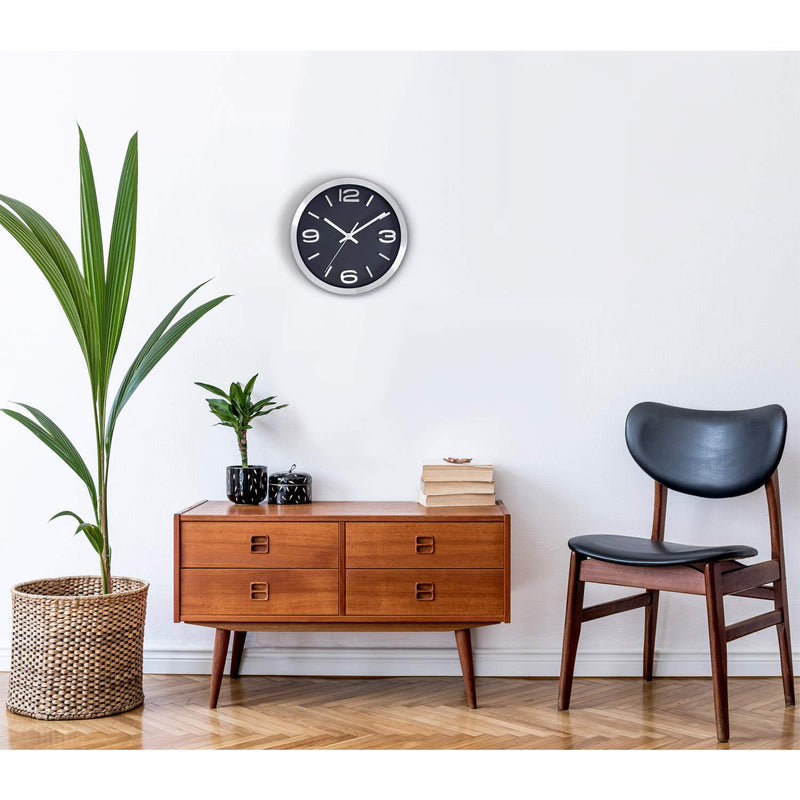 [Australia] - Bernhard Products Modern Wall Clock 10 Inch Black & Silver Silent Non Ticking Battery Operated Metal Round Elegant Quality Quartz, Kitchen Home Office Clock with 3D Numbers, Easy to Read Silver & Jet Black 