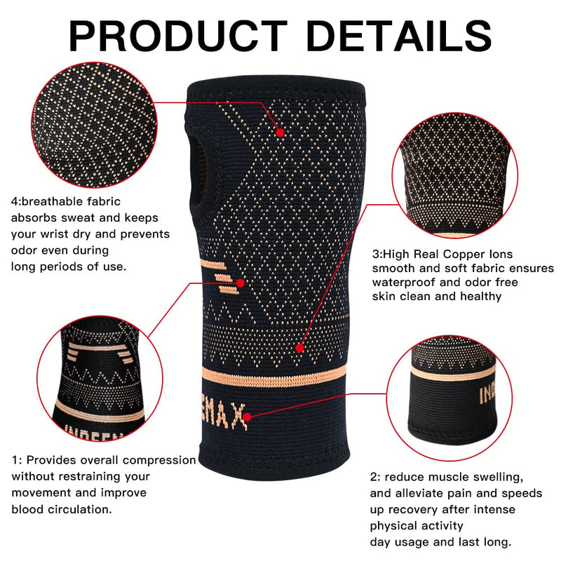 [Australia] - INDEEMAX Copper Wrist Compression Sleeve 1 Pair, Comfortable Hand Brace Support for Arthritis, Tendonitis, Sprains, Workout, Carpal Tunnel - Left & Right - Women and Men L Black 