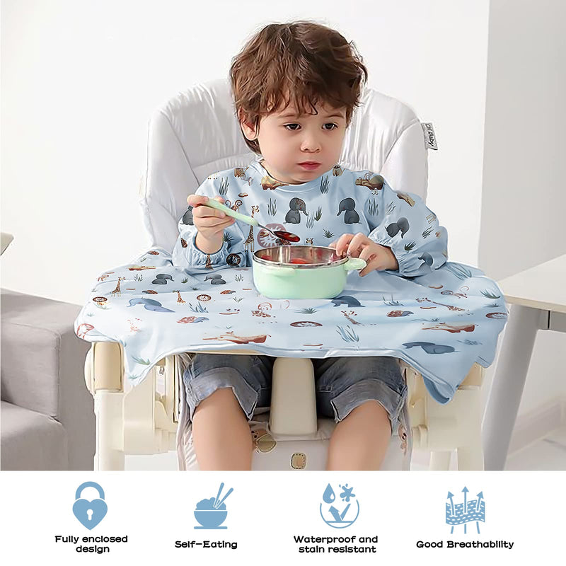 [Australia] - Vicloon Baby Bibs with Sleeves, Baby & Toddler Weaning Bib Coverall Attaches to Highchair & Table, Waterproof Long Sleeve Bib Unisex Feeding Bibs Apron for Infant Toddler light blue 