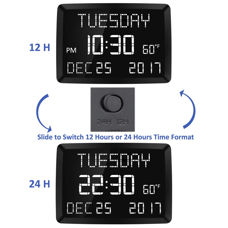 [Australia] - 11.5” Digital Wall Clock with Date,Time,Week,Indoor Temperature,3 Alarms,5 Dimmer,2 USB Chargers,Battery Backup,Snooze,12/24H for Elderly,Parents,Impaired Vision,Dementia,Memory Loss,Office,Bedroom 