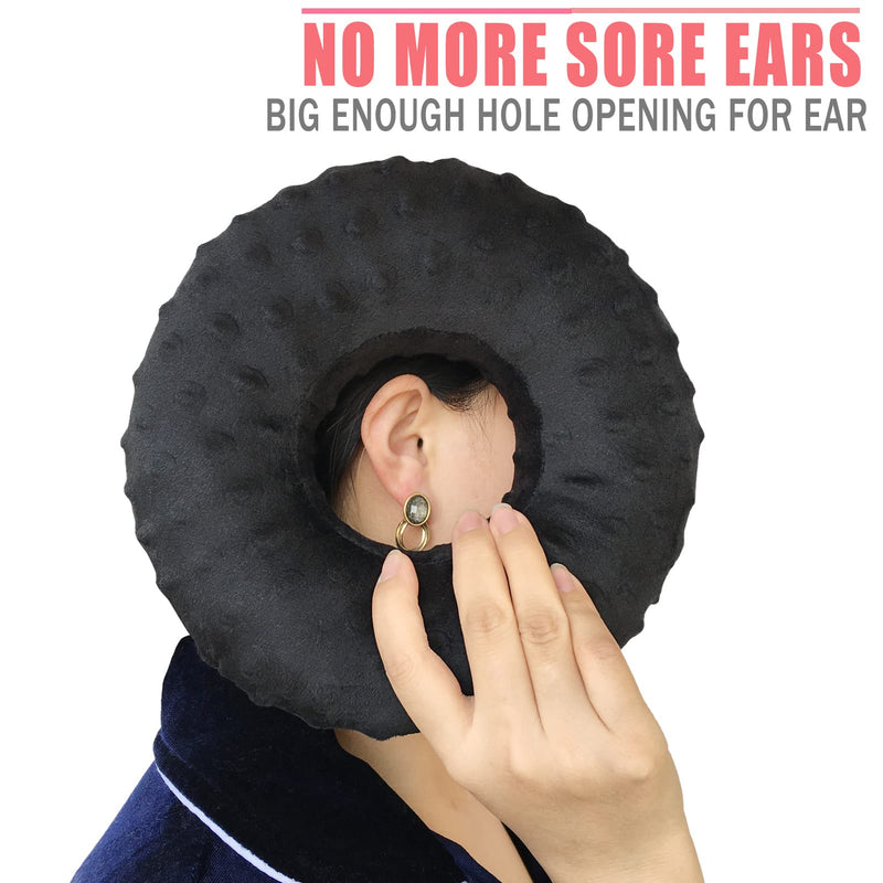 [Australia] - Piercing Ear Pillows CNH Donut Cushion with Hole for Side Sleeping, Ear Ache/Pain Lifesaver Tinnitus, Support Neck Head Minky Dot Black 