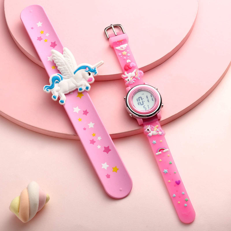 [Australia] - 2 Pieces Unicorn Kids Watch and Silicone Wristband Cute 3D Cartoon Waterproof Toddler Wrist Digital Watch 7 Color Lights Watch with Alarm Stopwatch for 3-10 Year Girls Lovely Pink 