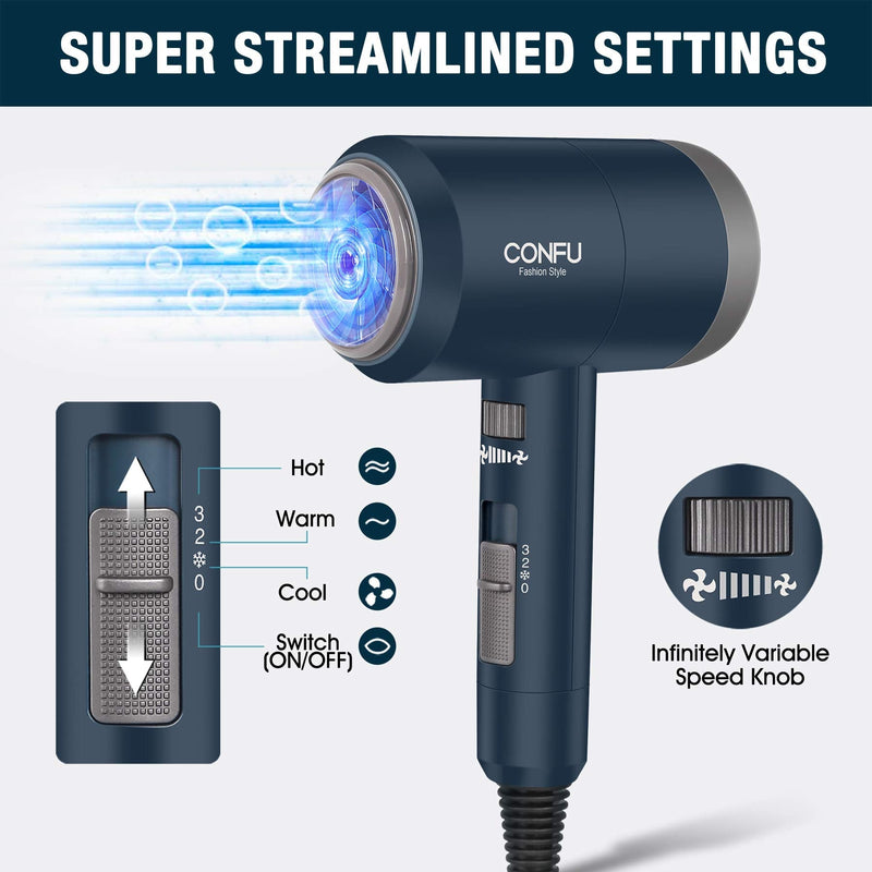[Australia] - CONFU 1800W Hair Dryer, Ionic Hair Blow Dryer, Lightweight Hair Dryers with Cool Shot Button & Diffuser & Concentrator for Travel Salon Home Use, Dark Blue 