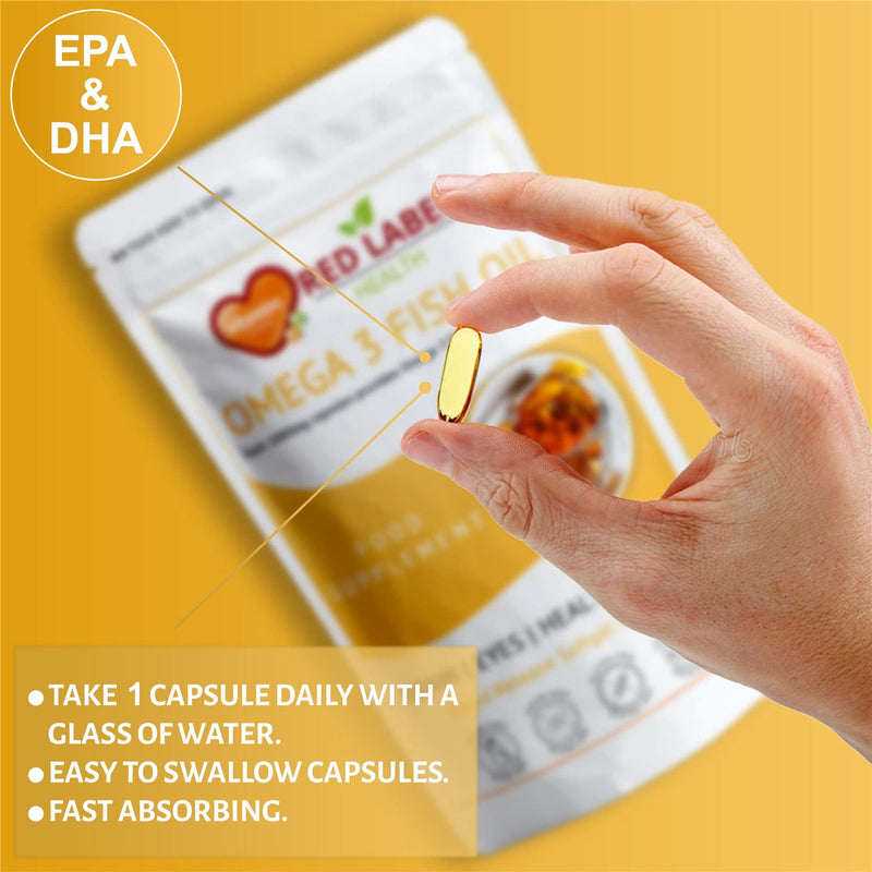 [Australia] - Omega 3 Fish Oil 1000mg - 90 Soft Gel Capsules (3 Months Supply) - Double Strength EPA & DHA - Supports Heart & Brain Health for Men & Women | Gluten Free | Made in UK. 