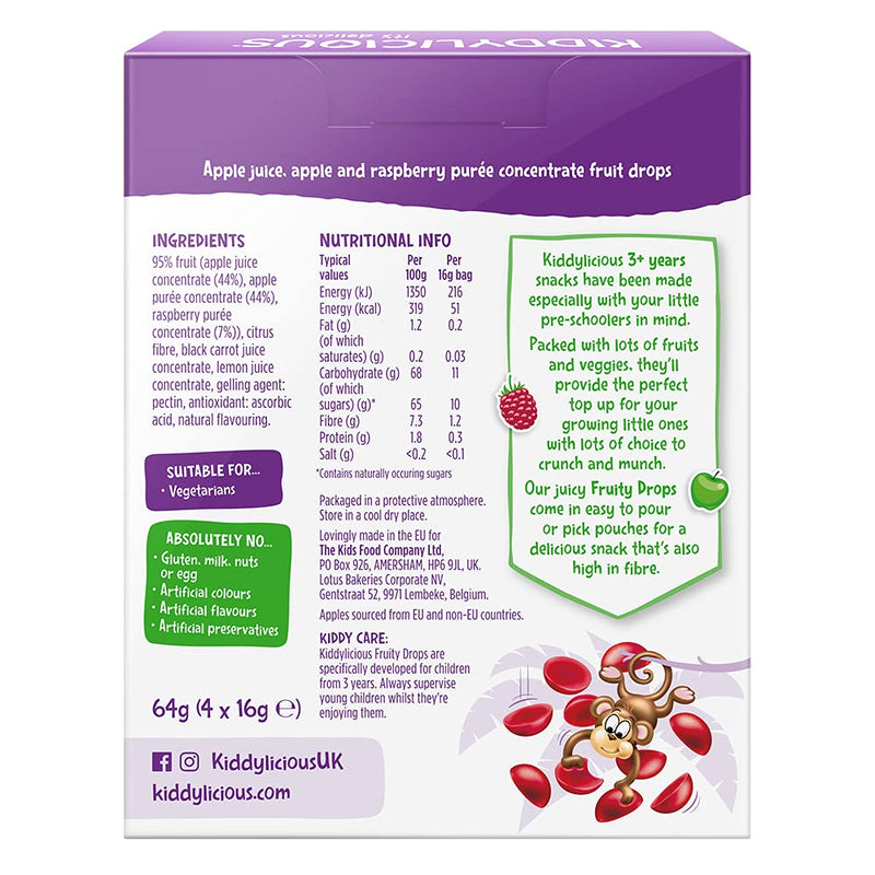 [Australia] - Kiddylicious Raspberry & Apple Fruity Drops - Kids Snack - Suitable for 3+ Years - 28 Packs (7x4) 