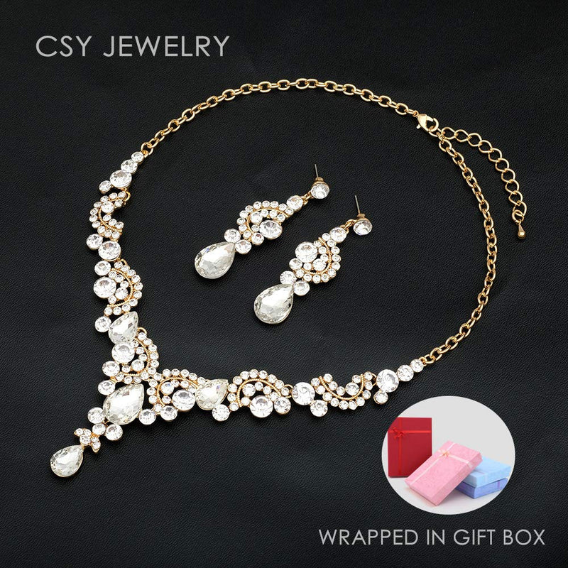 [Australia] - CSY 4 Pcs/Sets Elegant Crystal Necklace Earrings Bracelet Ring Bridal Wedding Costume Jewelry Sets for Brides Women Gifts Gold Plated - White 