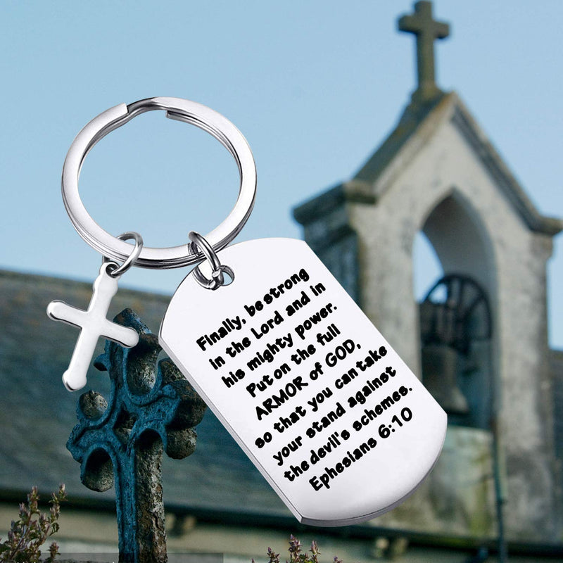 [Australia] - FUSTMW Christian Keychain Bible Verse Gifts Armor of God Cross Charm Ephesians 6:10 Religious Jewelry Confirmation Gifts silver 