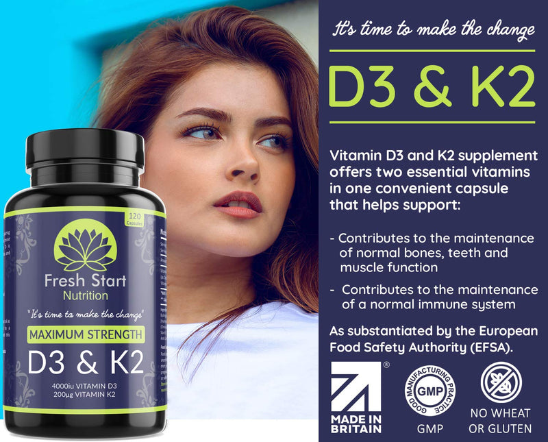 [Australia] - Vitamin D3 4000 IU and Vitamin K2 200?g MK7 - Vitamin D3 K2 High Strength Supplement - 120 Capsules 4 Month Supply Cholecalciferol - K2 Menaquinone-7 - Made in The UK 