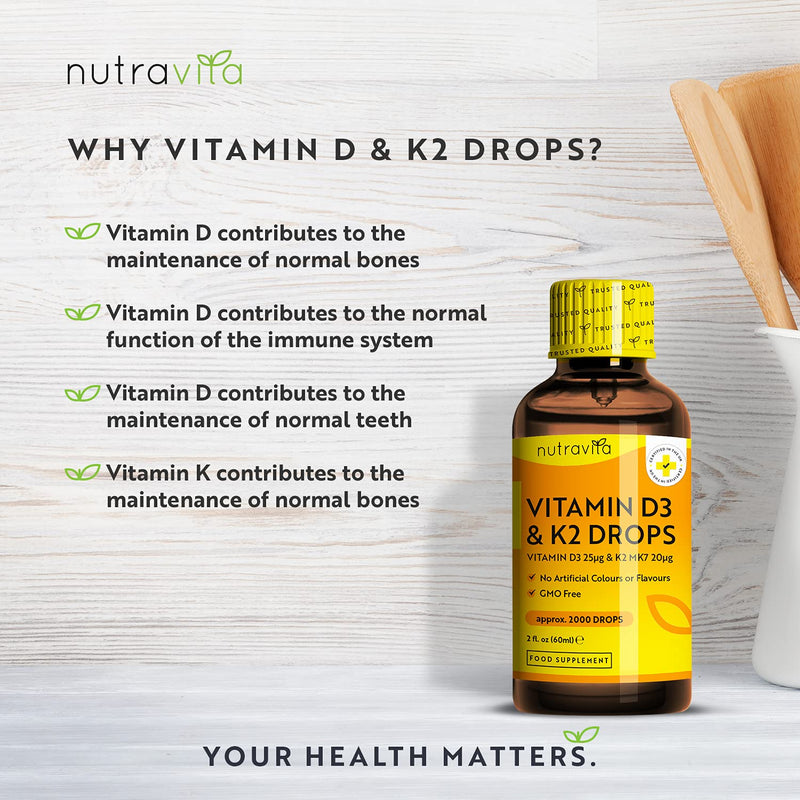 [Australia] - High Strength Vitamin D3 K2 MK7 Drops - Vitamin D 1000IU & K2 20ug per 2 Drops - 60ml Liquid Vitamin D3 and K2-1+ Year Supply Supports Immune System, Normal Bones, Muscles & Teeth 