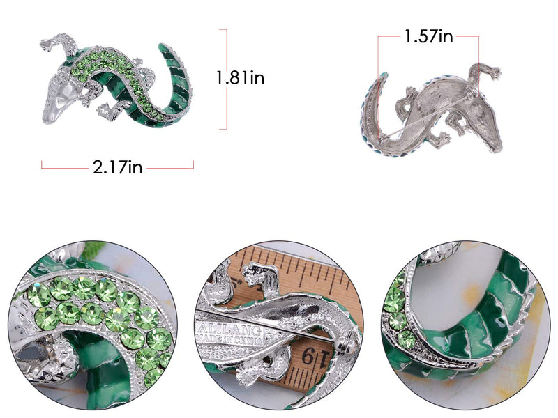 [Australia] - Alilang Green Silvery Tone Crawling Alligator Crocodile Reptile Body Brooch Pin 