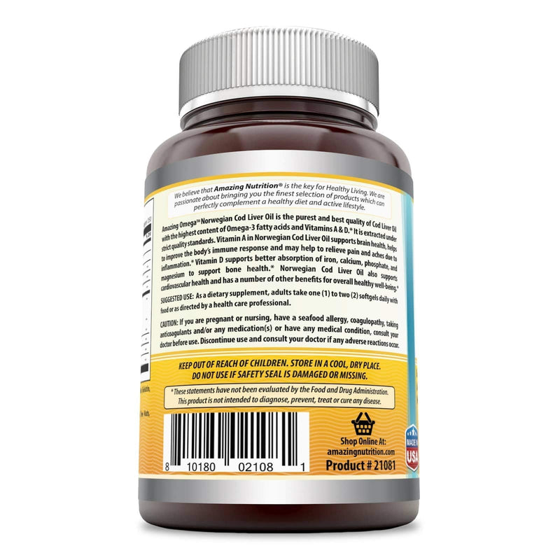 [Australia] - Amazing Omega Norwegian Cod Liver Oil 1000 Mg, Softgels (Orange, 250 Softgels) (Non-Gmo,Gluten Free) Orange 250 Count (Pack of 1) 