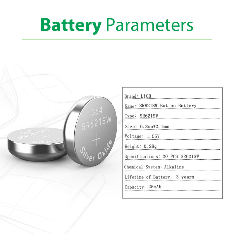 [Australia] - LiCB 20 Pack SR621SW 364 164 363 AG1 Battery 1.5V Button Cell Watch Batteries 