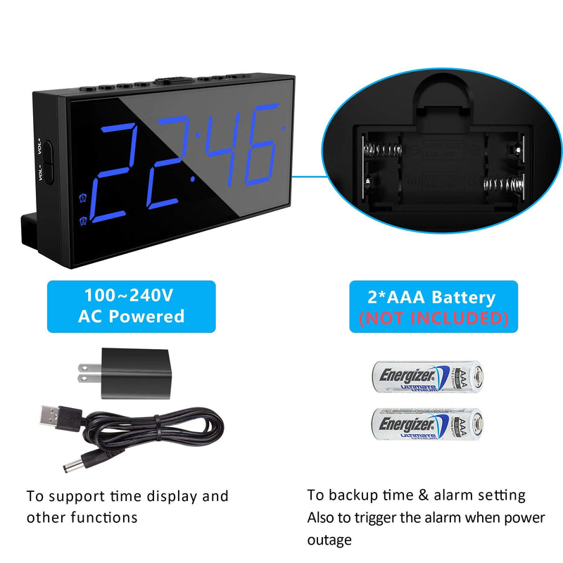 [Australia] - Digital Dual Alarm Clock for Bedroom, Large Display Bedside Clock with Battery Backup, USB Phone Charger, Volume, Dimmer, Easy to Set Loud LED Clock for Heavy Sleepers Kid Senior Teen Boy Girl Kitchen Blue Digits 