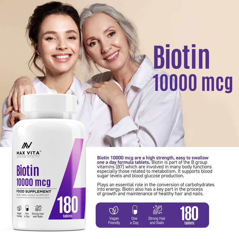 [Australia] - Biotin 10,000mcg High Strength Supplement for Men and Women|Supports Healthy Hair, Skin & Nails|180 Vegetarian Tablets (Non-GMO, Gluten Free) Made in The UK 