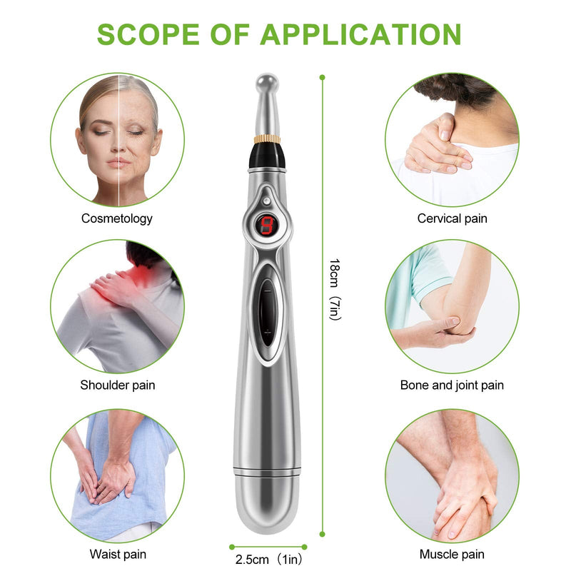 [Australia] - Acupuncture Energy Pen, Pulse Relief Massage Pen with 5 Massage Heads,Pain Relief Therapy Electric Meridians Acupuncture Machine Meridian Energy Pen for Pain Relief， Nine Power Levels 