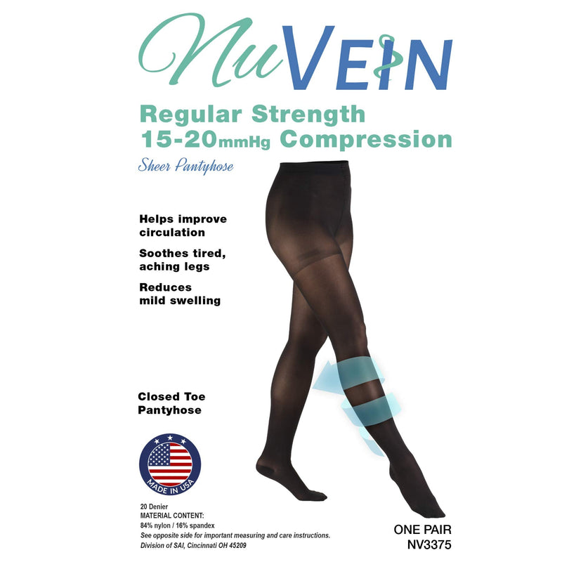 [Australia] - NuVein Compression Pantyhose, 15-20 mmHg Support, Women's Sheer Nylon Hosiery Tights, Closed Toe, Black, Tall 