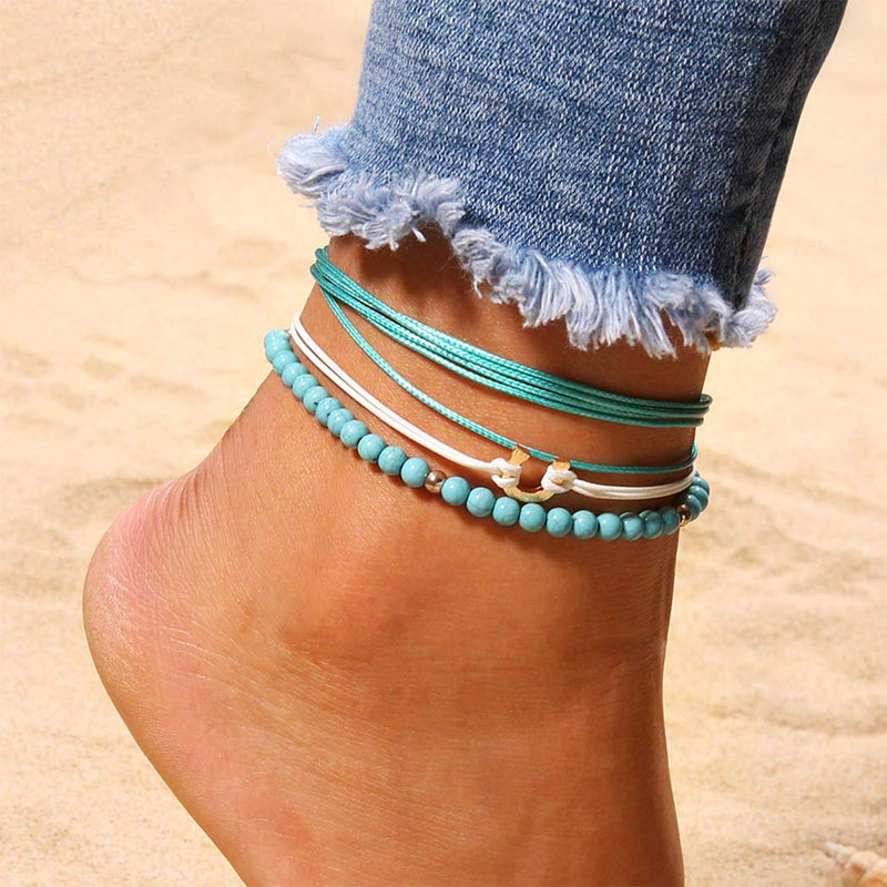 [Australia] - Twinklede Boho Beaded Ankle Bracelets Blue Layered Turquoise Anklets Beach Barefoot Sandals Anklet for Women and Girls 