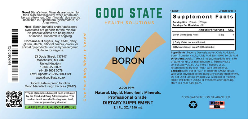 [Australia] - Good State | Liquid Ionic Boron | Dietary Supplement | Great for Enhanced Muscle Coordination | 120 Servings at 5 Mg | 8 Fl oz Bottle 