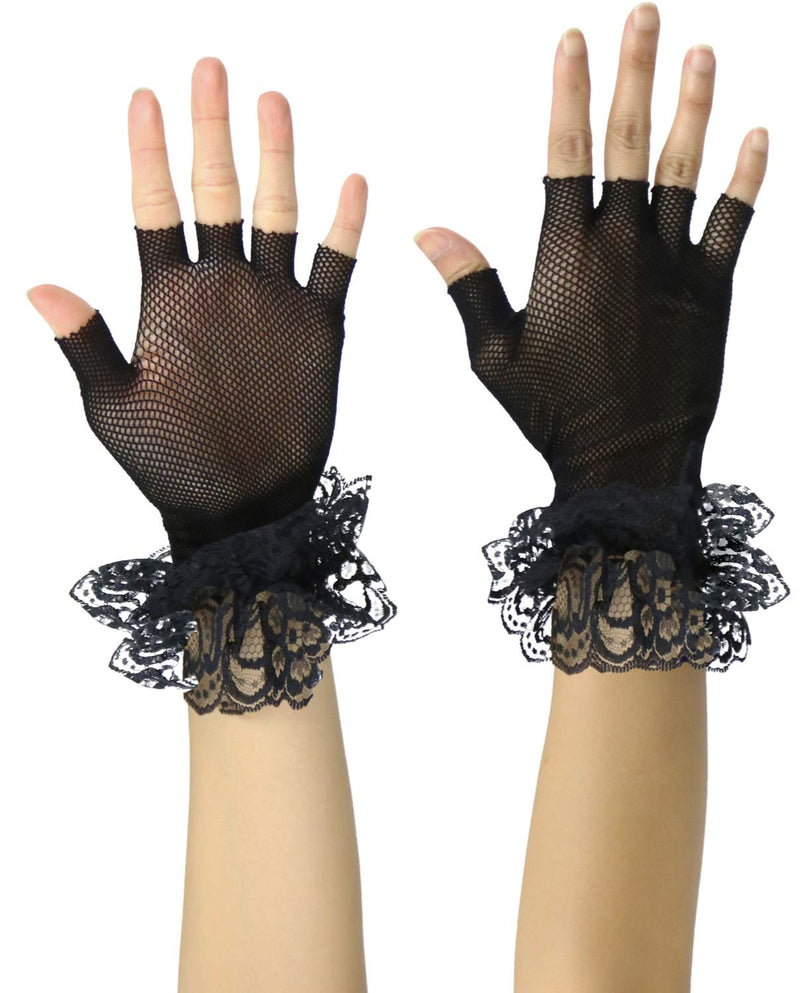 [Australia] - ToBeInStyle Women’s Whimsical Lace Ruffle Wrist Trim Fishnet Fingerless Gloves One Size Regular Black 