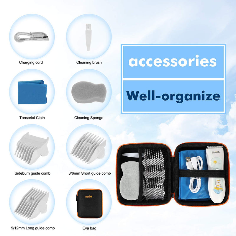 [Australia] - Bimirth Baby Hair Clipper, Silent Hair Clippers for Children, Quiet Kids Hair Trimmer, Cordless Toddler Haircut Machine in Bag for Easy Storage, USB Rechargeable, Waterproof, 3 Guide Combs (with Bag) white-S11 