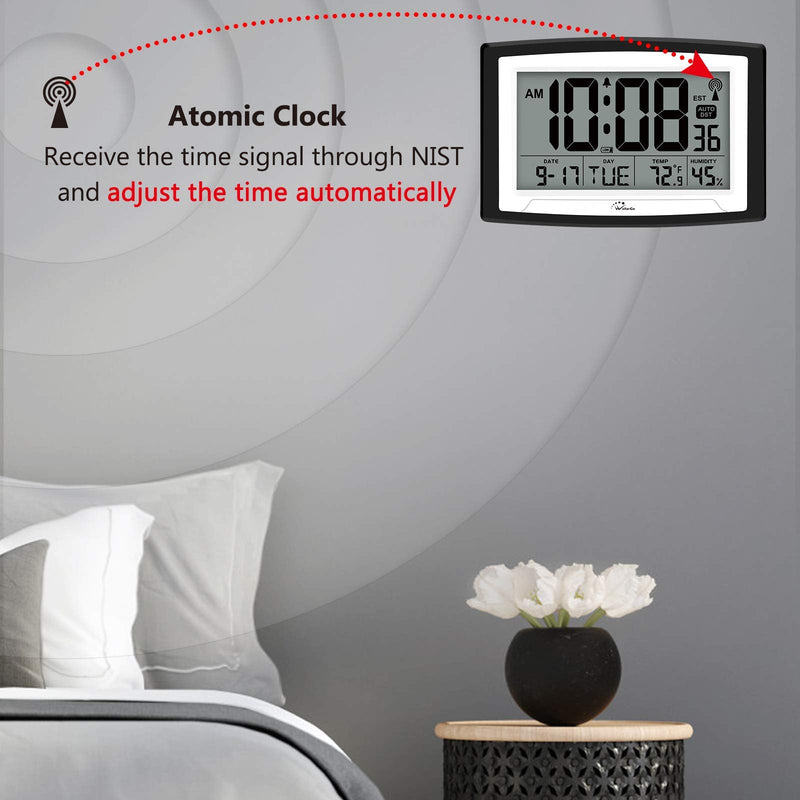 [Australia] - WallarGe Atomic Clock with Indoor Temperature and Humidity,Self-Setting Digital Wall Clock or Desk Clock,Battery Operated Alarm Days Digital Clock Large Display for Seniors,Auto DST. Black 