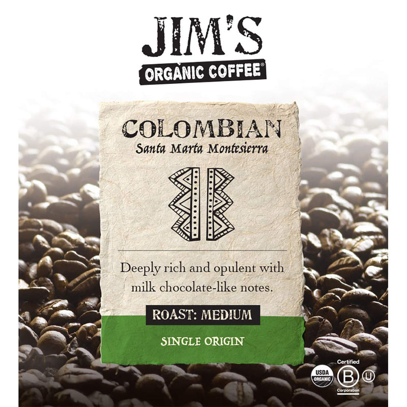 [Australia] - Jim’s Organic Coffee – Colombian Santa Marta – Single Origin, Medium Roast - Whole Bean 12 oz Bag 12 Ounce (Pack of 1) 