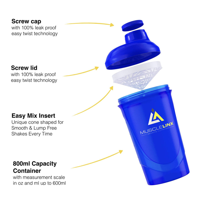 [Australia] - Protein Shaker Screw top 100% Leak Proof Drinks Bottle 600ml to 800ml by Musc (Stunning Blue) Stunning Blue Transparent 