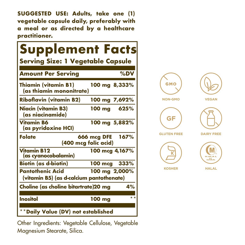 [Australia] - Solgar B-Complex "100", 100 Vegetable Capsules - Heart Health - Nervous System Support - Supports Energy Metabolism - Non GMO, Vegan, Gluten Free, Dairy Free, Kosher, Halal - 100 Servings 100 Count (Pack of 1) 