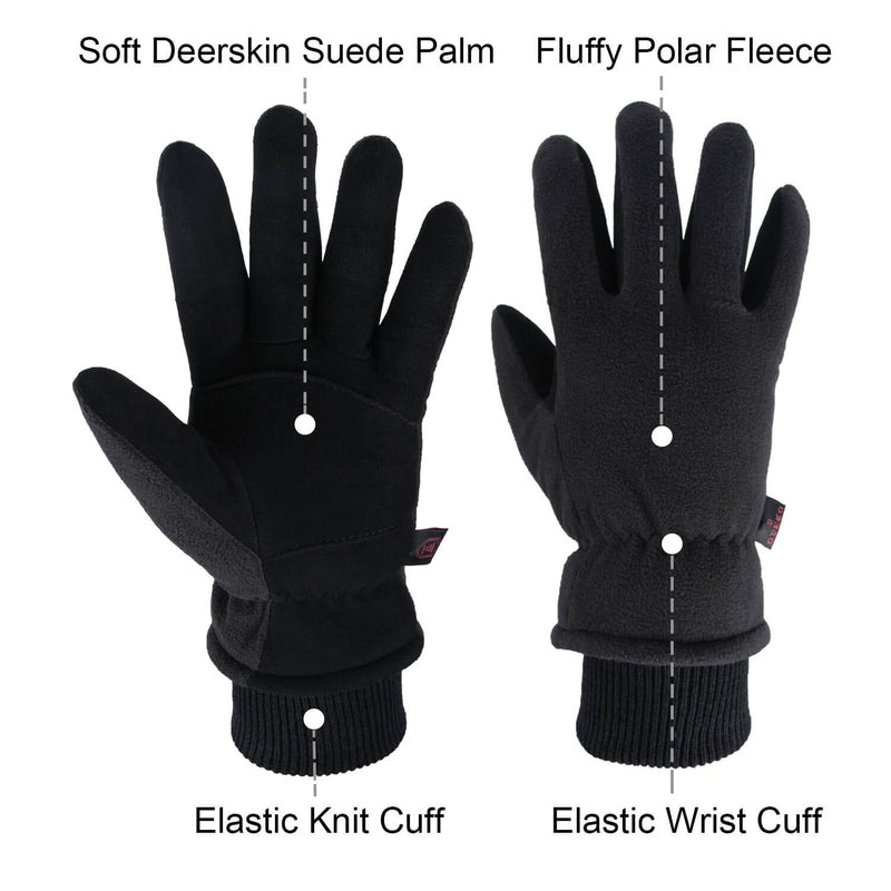 [Australia] - OZERO Winter Gloves Deerskin Suede Leather Palm with Big Patch - Water-Resistant Windproof Insulated Work Glove for Driving Cycling Hiking Snow Skiing - Thermal Gifts for Men and Women Black/Gray/Tan Denim-black Small 