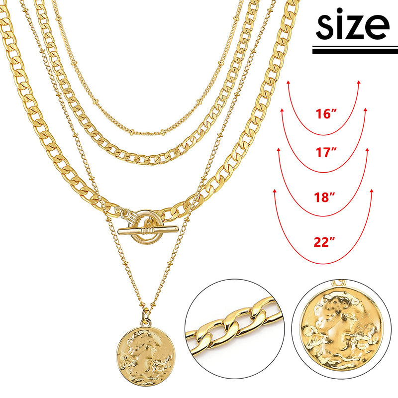 [Australia] - MJartoria Layered Necklaces for Women Retro Coin Pendant Gold Chain Necklaces Dainty Chunky Link Chain Choker Necklaces for Girls Jewelry Birthday Gifts Portrait Coin + Toggle clasps 