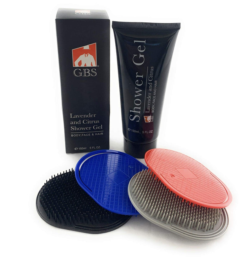 [Australia] - GBS Soft Scalp Pocket Shower Shampoo Hair Brush for Men & Women - 4 Pack - Multi Color - Lavender and Citrus Shower Gel 5 oz (150 ML) for Body, Face and Hair - Feel Clean, Fresh and rejuvenated! 
