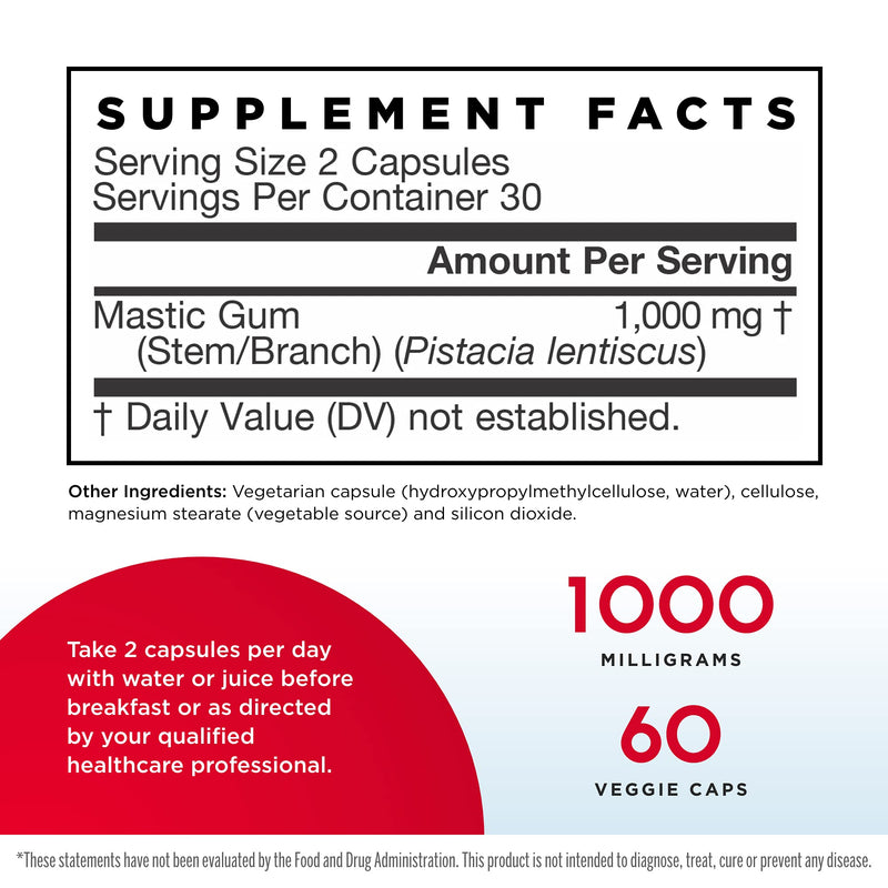 [Australia] - Jarrow Formulas Mastic Gum 1000 mg - 60 Veggie Caps - Natural Formula Supporting Stomach, Duodenal & Oral Health - 30 Servings 60 Count (Pack of 1) 