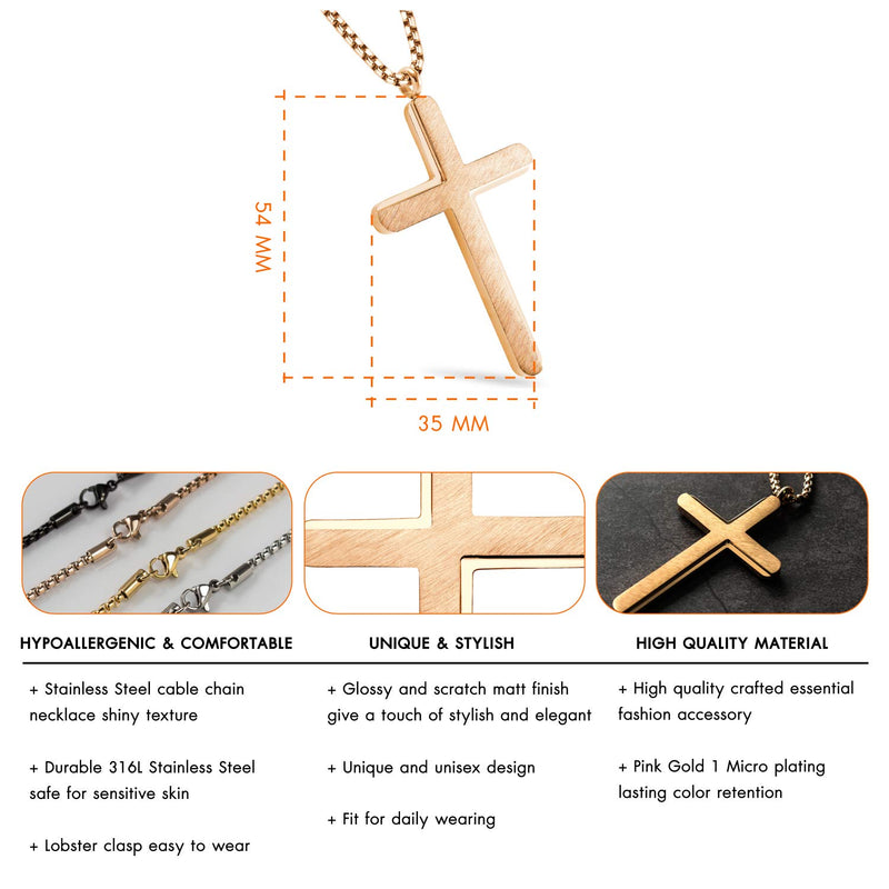 [Australia] - 555Jewelry Cross Necklace for Men Women Brushed Stainless Steel Pendant, 18-24" Chain Rose Gold 18.0 Inches 