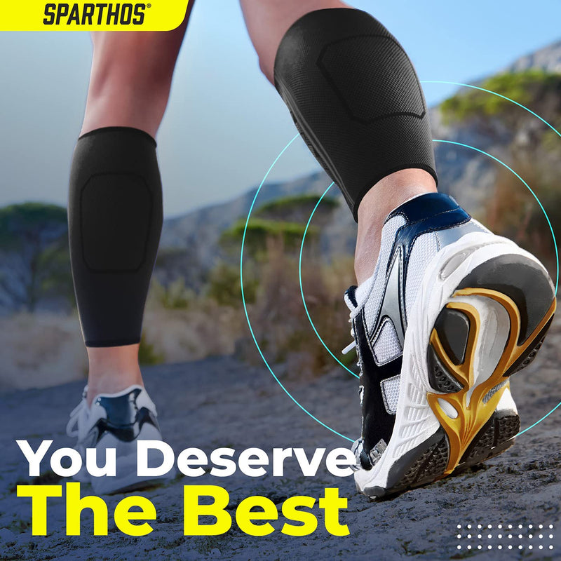[Australia] - Calf Compression Sleeve by SPARTHOS (Pair) – Leg Compression Brace for Men and Women – Shin Splint Calf Pain Relief Calves Blood Circulation Sports Support Running Walking Cycling Yoga (Black-M) Medium (Pack of 2) Midnight Black 