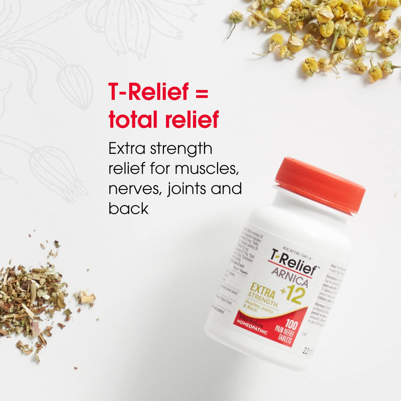 [Australia] - T-Relief Extra Strength Pain Relief Arnica +12 Fast-Acting Natural Relieving Actives Help Reduce Back Pain, Joint Soreness, Muscle Aches & Stiffness, Gluten-Free - 100 Tablets 100 Count (Pack of 1) 