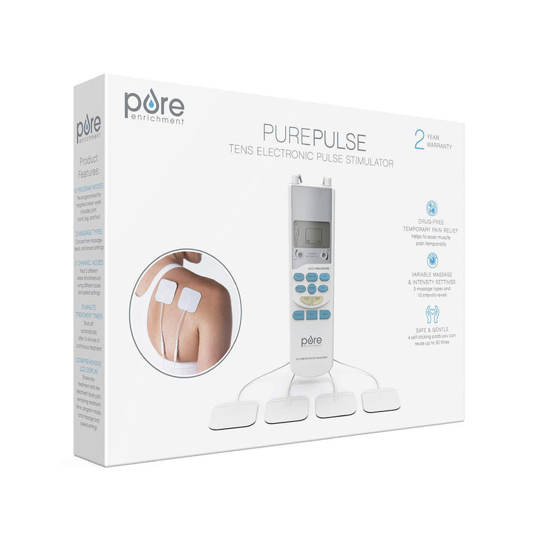 [Australia] - Pure Enrichment PurePulse TENS Electronic Pulse Stimulator Featuring Comprehensive LCD Screen, 6 Programs, 3 Massage Settings, and 2 Channels - Includes 4 AAA Batteries + 4 Reusable Electrode Pads 