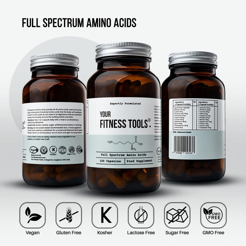 [Australia] - Full Spectrum Amino Acids – 120 x Free Form Amino Acids Vegan Capsule to Support Muscle Repair, Muscle Building - Made in The UK by Your Fitness Tools 