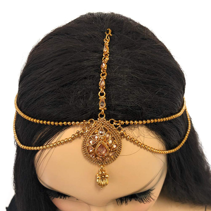 [Australia] - Bridal Ethnic Indian Pakistani Kundan Pearl Head Ornament Gold Plated Matha Patti for Wedding Festival Dancing 2 Chains 