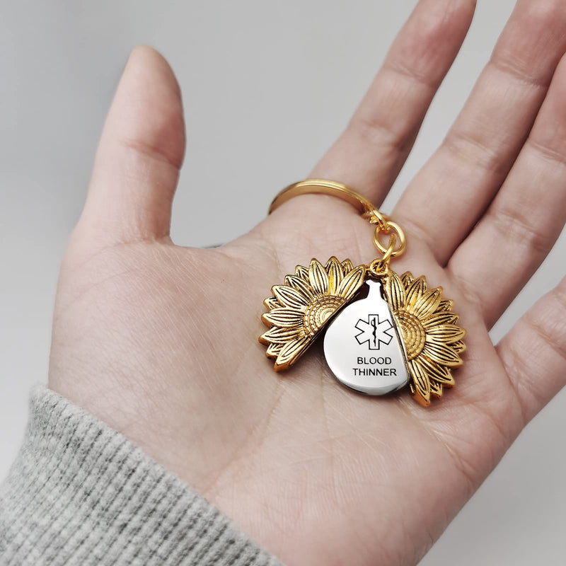 [Australia] - LuxglitterLin Heart Shape 316L Medical ID Alert Keychain for Men Women Laser Engraved Keyring SOS Emergency Sunflower type 2 diabetic(gold) 