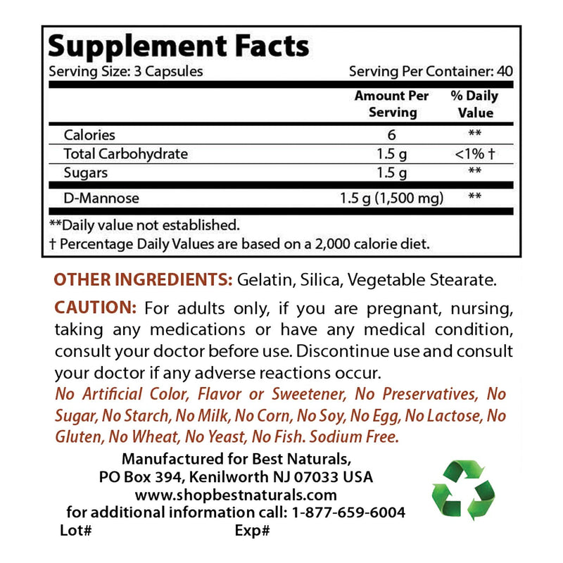 [Australia] - Best Naturals D-Mannose Capsules - Urinary Tract Cleanse Supplement 1500mg/Serving - 120 Count (120 Count (Pack of 1)) 120 Count (Pack of 1) 