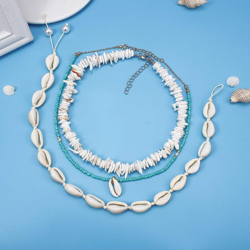 [Australia] - ISWAKI 4/5 Pcs Puka Shell Necklace for Women Men Natural Hawaii Girls Pure Seashell Necklace Choker Unisex Summer Necklace Jewelry Set Adjustable E: 3Pcs Shell Necklace and Pearl Necklace 