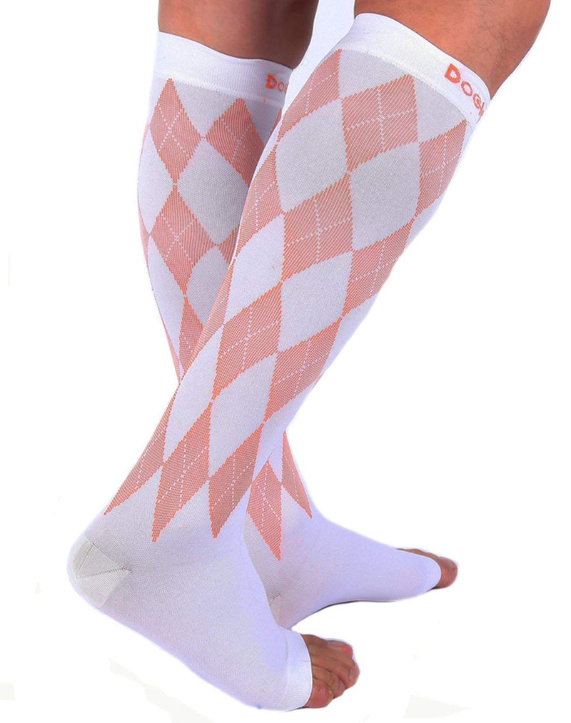 [Australia] - Doc Miller Open Toe Compression Socks Women 20-30mmHg, 1 Pair Toeless Socks for Women and Men - Argyle Design X-Large White.orange Open Toe 