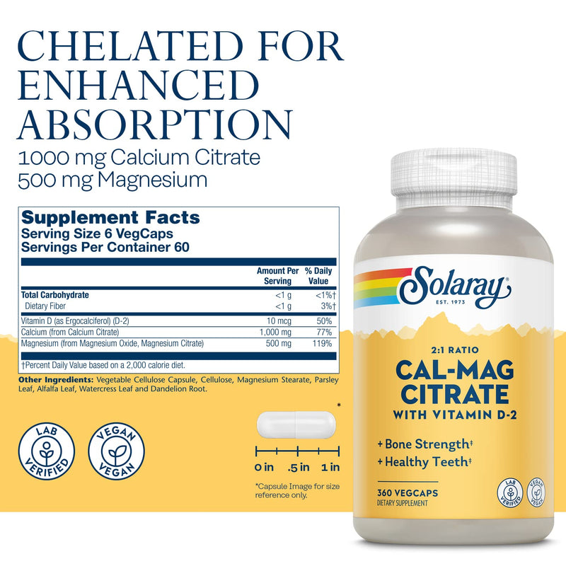 [Australia] - Solaray Calcium Magnesium Citrate 2:1 Ratio with Vitamin D2, Healthy Bone, Muscle & Nerve Support, 60 Serv, 360 VegCaps 360 Count (Pack of 1) 