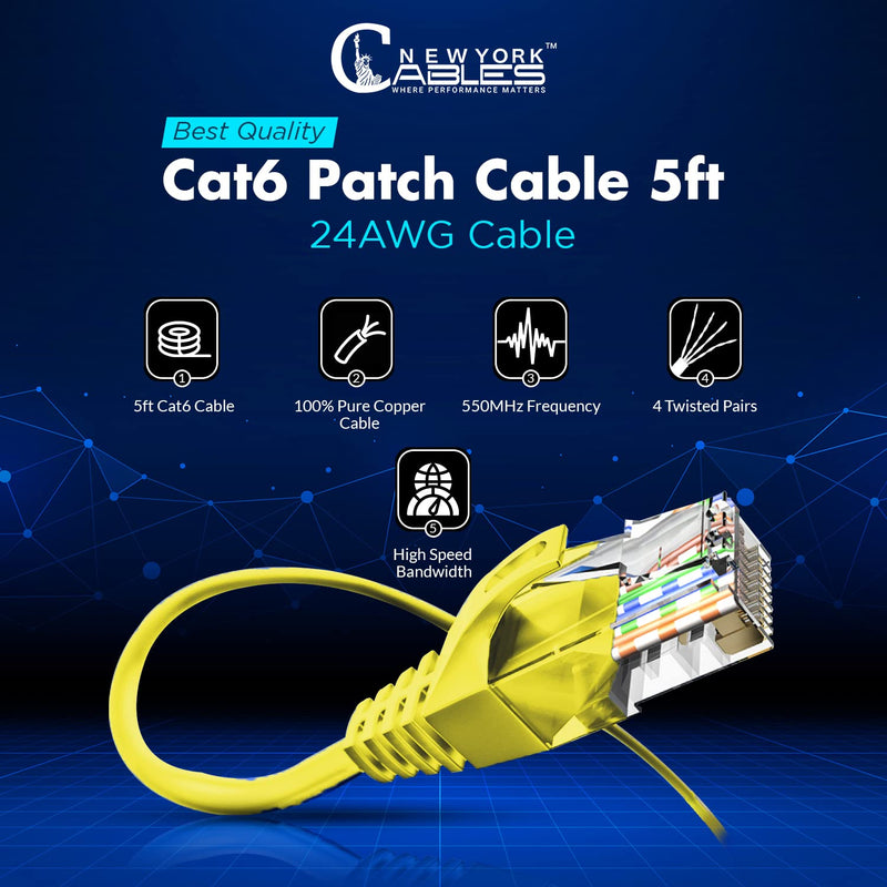 [Australia] - Newyork Cables 5 FT Pack of 10 Cat6 Ethernet Patch Internet Cable | Short Cat 6 Snagless Network Cable, Cat6 Cable, Cat 6 Cable, Networking Cable in Yellow 5 Feet 