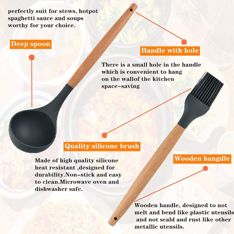 [Australia] - Cozywind Cooking Utensils Set with Holder Silicone Kitchen Utensils Set,12 pcs Wooden Handles, Kitchen Spatula Set Non-Stick 