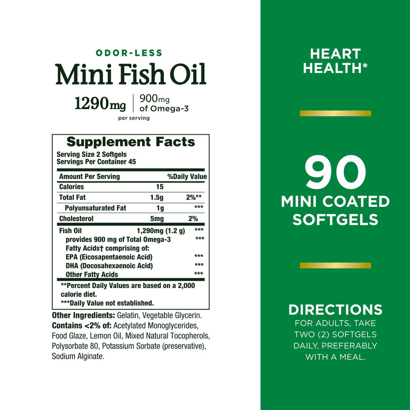 [Australia] - Nature’s Bounty Mini Fish Oil Softgels 1290 mg, Omega-3, Supports Heart Health, Odor-Less, 90 Mini Coated Softgels 