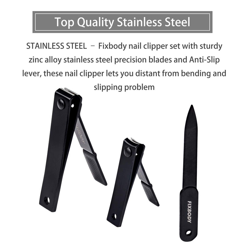 [Australia] - FIXBODY Nail Clipper Set – Black Stainless Steel Fingernails & Toenails Clippers & Nail File Sharp Nail Cutter with Leather Case, Set of 3 (Straight & Curved) 