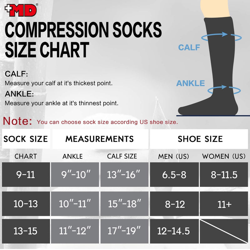 [Australia] - +MD Cotton Compression Socks for Women & Men Circulation 6 Pairs 8-15mmHg Knee High Support Socks Moisture Wicking for Athletic Running Cycling 6White 9-11 White (6 Pairs) 